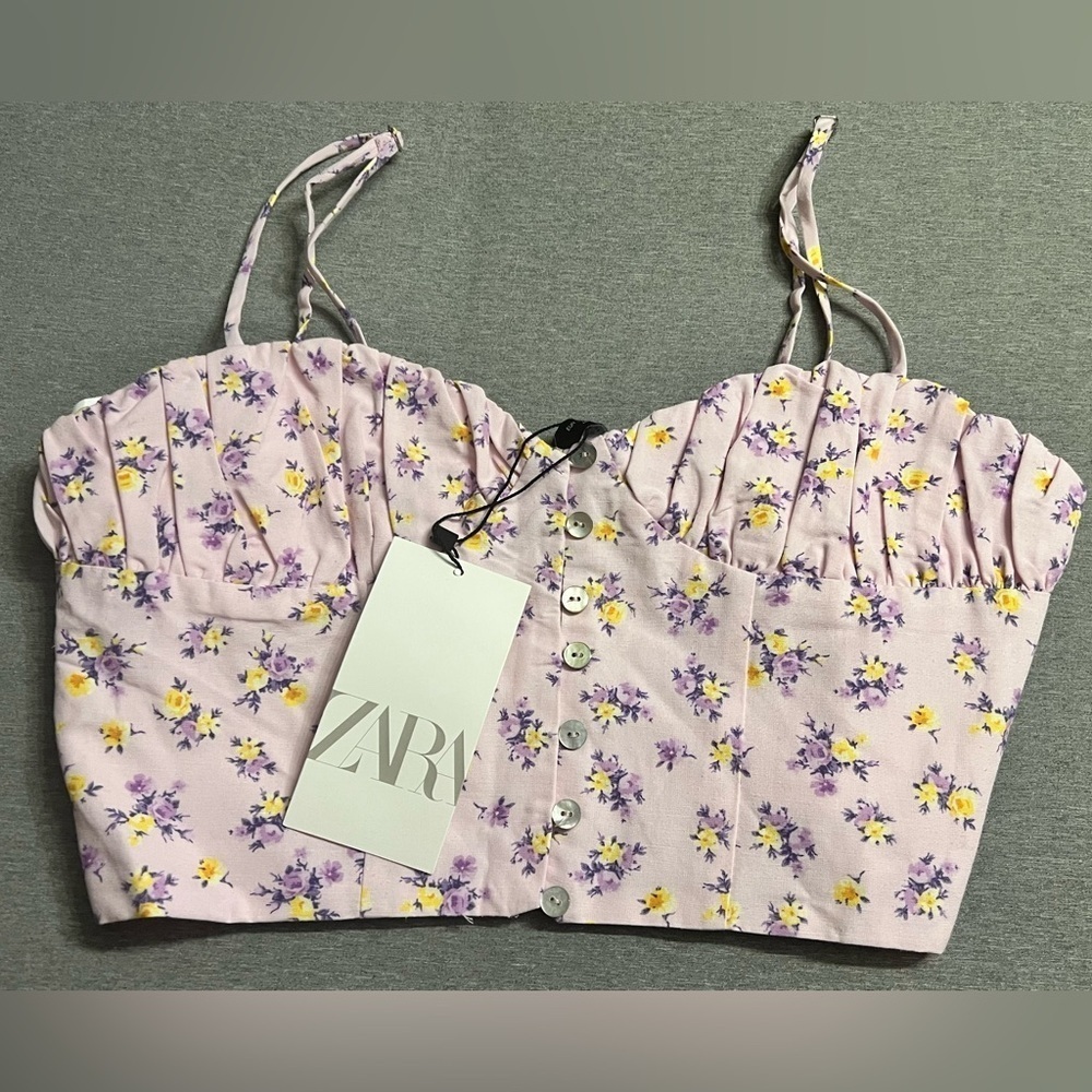 Zara Floral Print Bralette Crop Top Bustier Pink NWT small spaghetti straps